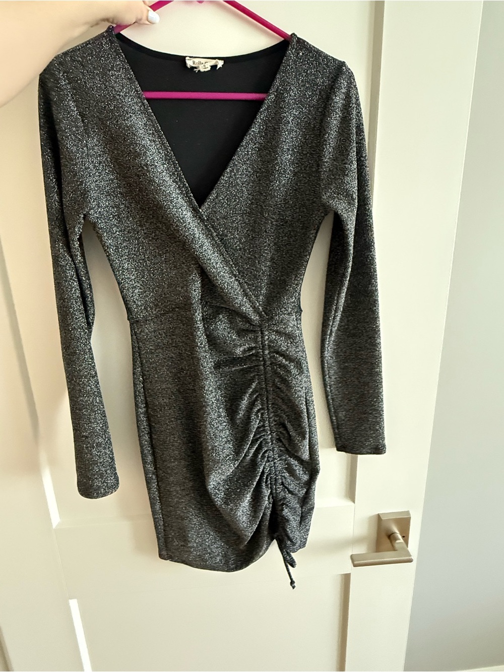 Rolla Coster Metallic Black Ruched V-Neck Long Sleeve Dress